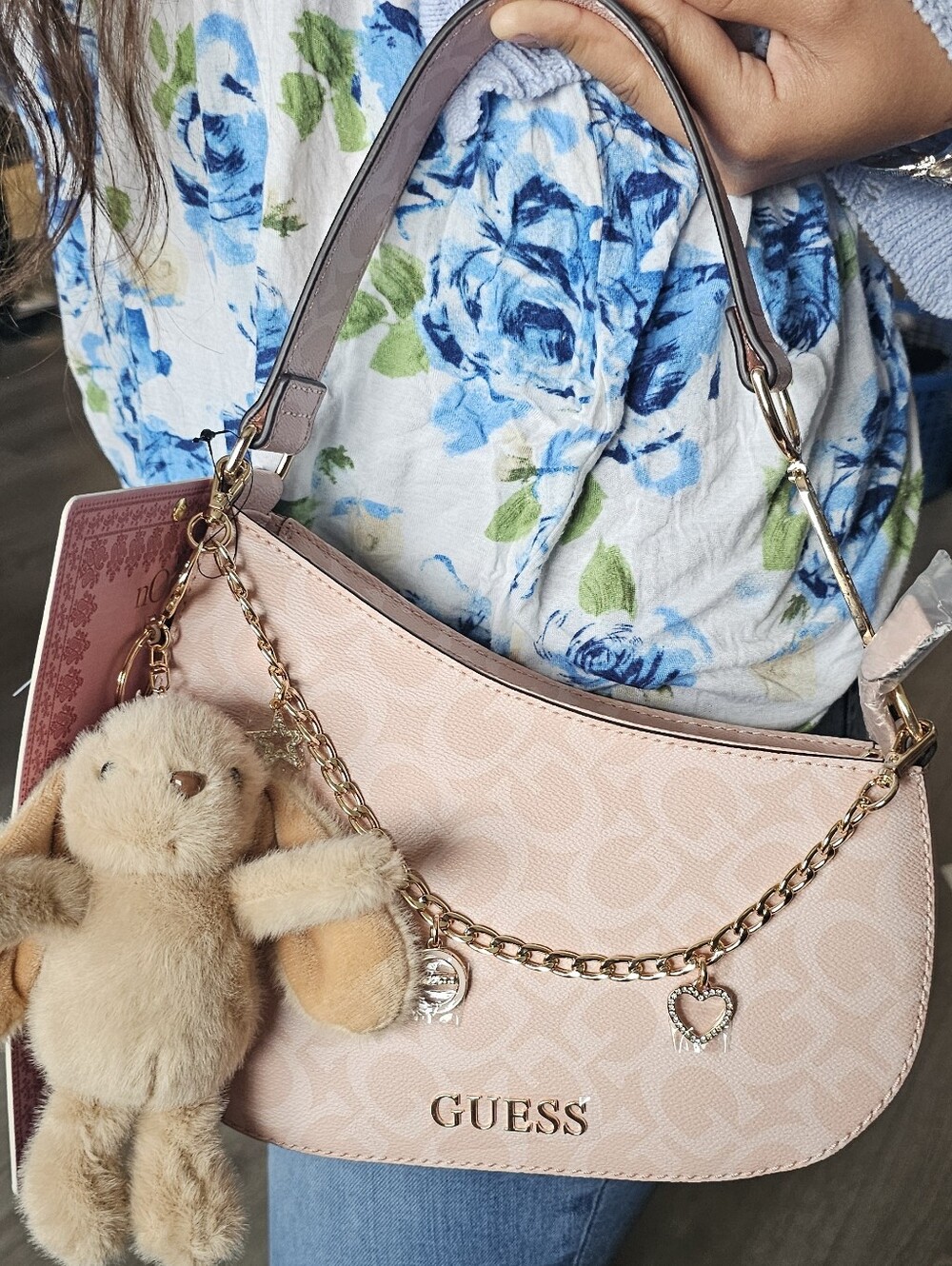 GUESS SOFT Pink Logo crescent Baguette Bag with Gold Chain Charm